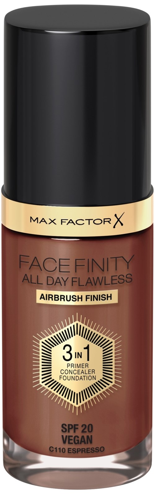 A bottle of Max Factor face foundation with SPF 20, vegan, and airbrush finish. It is for all-day wear.