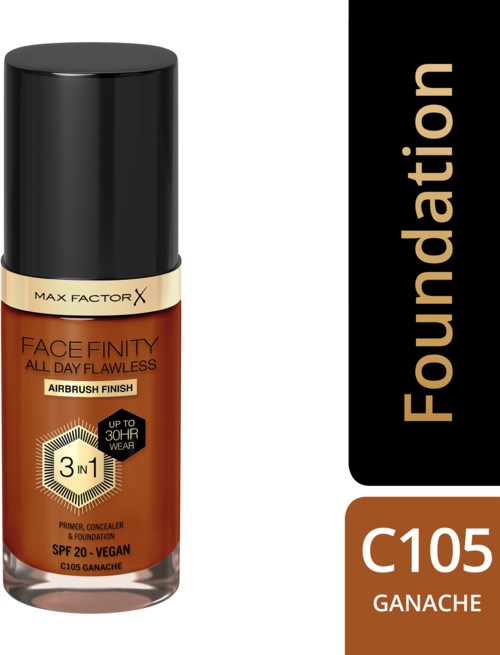 Een foundationfles met zwarte dop, beige en bruine label, en tekst die aangeeft dat het voor gezichtsmake-up is.
