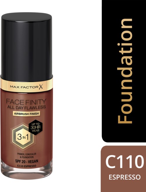 Een foundationfles met Max Factor Face Finity, zwart deksel en beige-bruin verpakking.