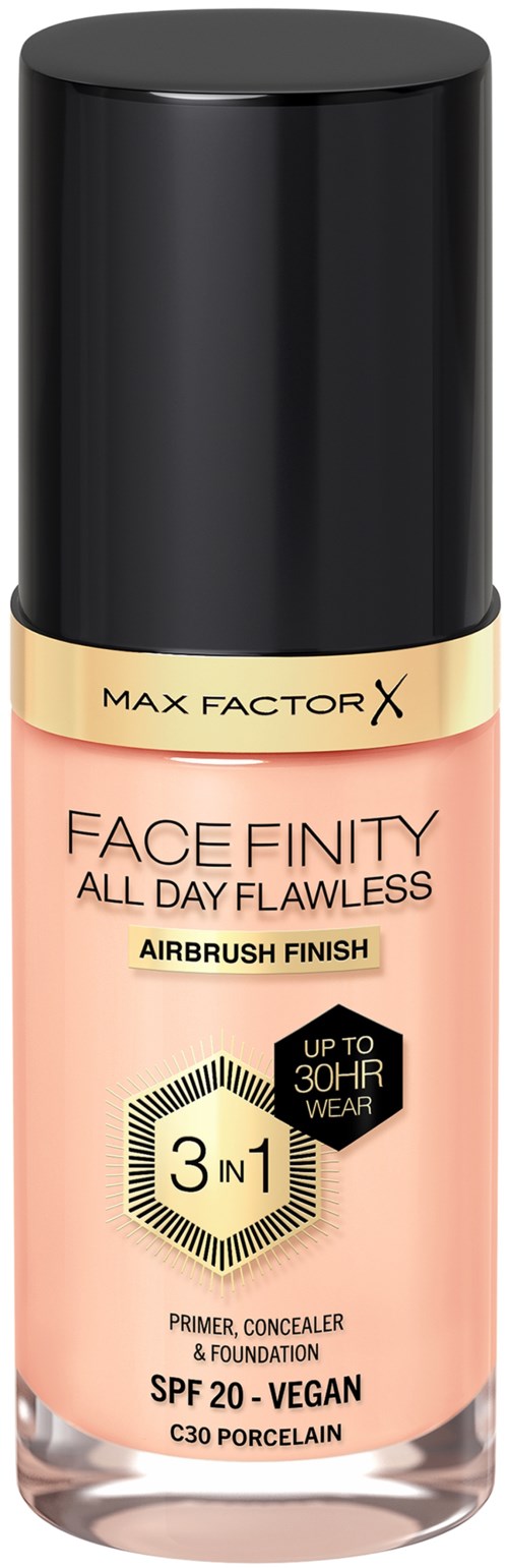 A bottle of Max Factor Face Finity makeup offers primer, concealer, and foundation with SPF 20, vegan, porcelain shade.