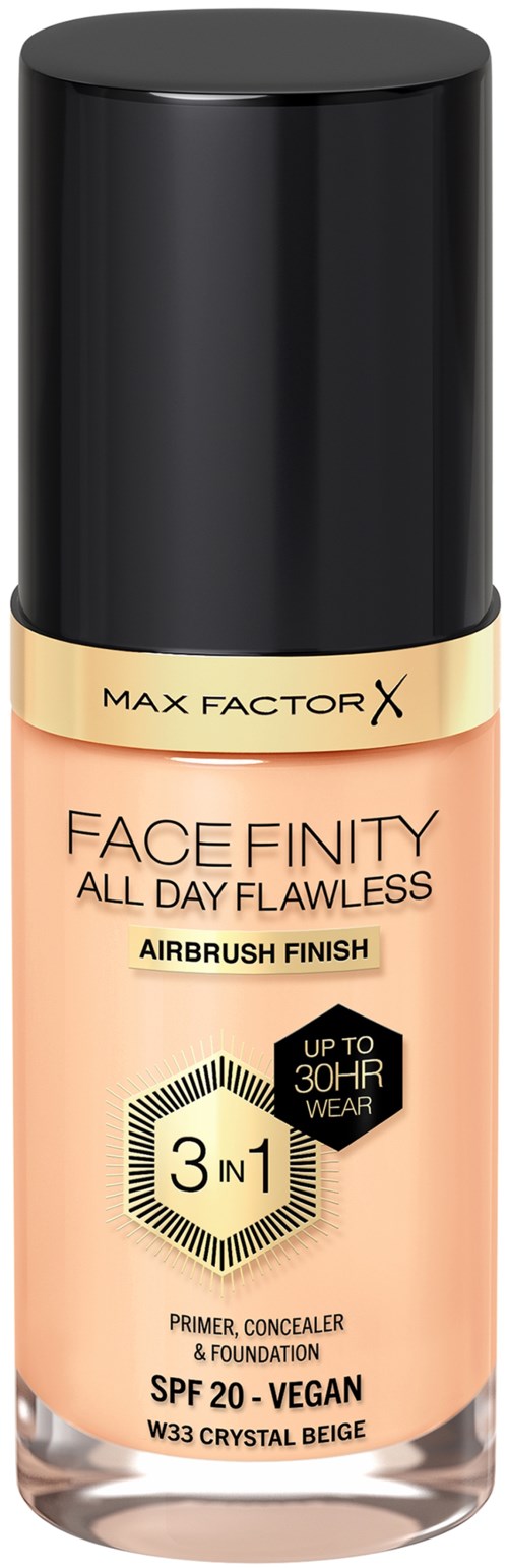 A bottle of Max Factor face foundation with SPF 20, vegan, and 3-in-1 benefits including primer and concealer.
