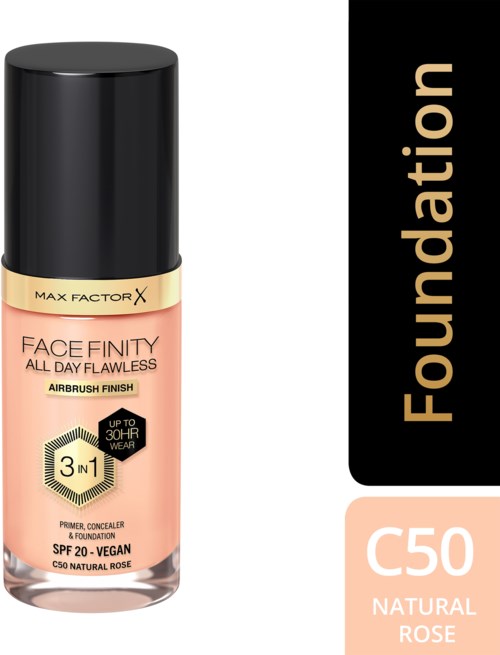A bottle of Max Factor face foundation in shade C50 Natural Rose, with SPF 20, vegan, 3-in-1 primer, concealer, foundation.