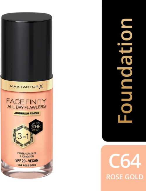 Foundation bottle labeled 'Face Finity', shade C64 Rose Gold, with SPF 20, vegan, up to 30 hours wear.