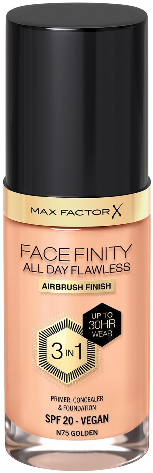 A bottle of Max Factor Face Finity All Day Flawless foundation with SPF 20, vegan, in a nude shade with a black cap.