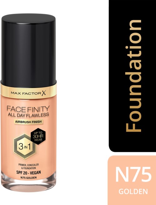 A bottle of Max Factor face foundation with SPF 20, vegan, in N75 Golden shade, 3-in-1 makeup.