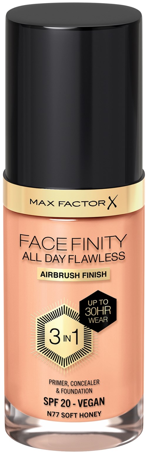 A bottle of Max Factor face makeup, highlighting its 3-in-1 primer, concealer, foundation, vegan, SPF 20, and long wear.