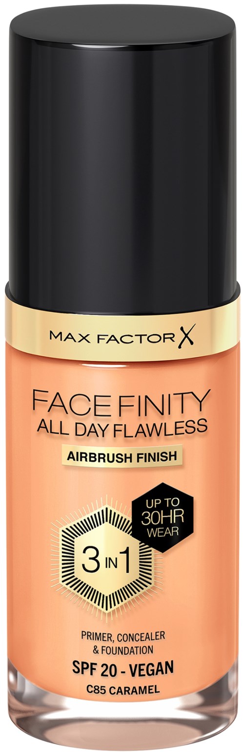 Max Factor face finity foundation with SPF 20, vegan, and airbrush finish in caramel color.