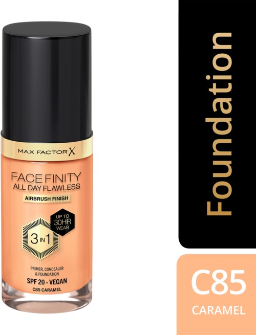 Foundation bottle labeled C85 Caramel, offers full day wear, SPF 20, vegan, and 3-in-1 makeup primer.