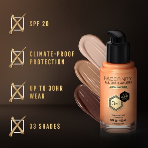 Тональный крем Max Factor Facefinity All Day Flawless 3 в 1, матовый, стойкий, оттенок 85 Caramel, 30 мл — фото 5