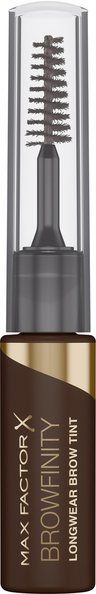 A brow tint product in a clear tube with a brush applicator, labeled "Max Factor X Browfinity Longwear Brow Tint."