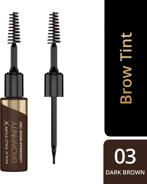 A brow tint product with two wands, labeled 'Dark Brown' and '03', for eye brow coloring.