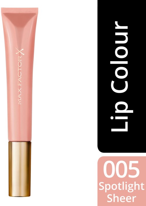 Różowa rurka błyszczyka do ust z złotą zakrętką i czarną etykietą, na której napisano 'lip colour' i '005 Spotlight Sheer.'