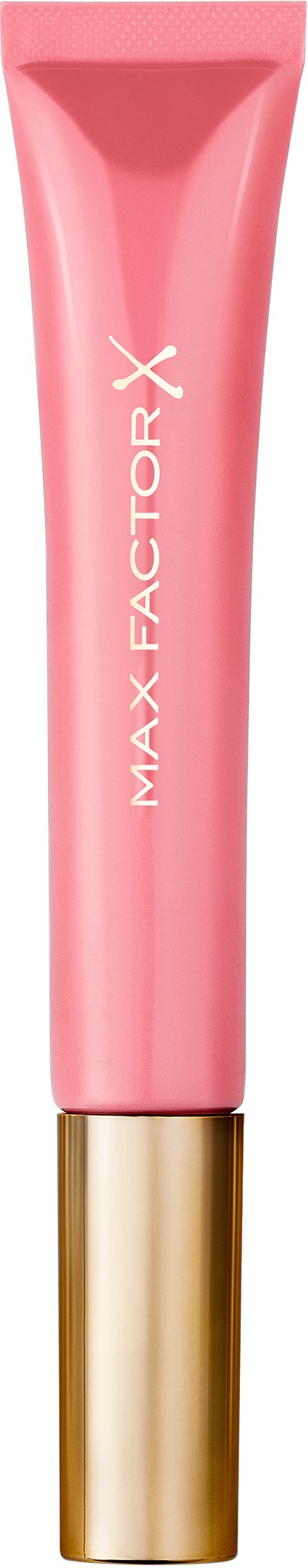 Różowa tubka z złotą nakrętka, oznaczona 'Max Factor X'. Wygląda na produkt kosmetyczny, może szminka lub krem.