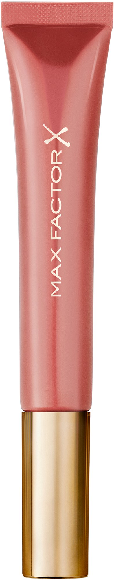 Różowa tubka kosmetyków z złotą nakrętką, oznaczona "MAX FACTOR X" w białych literach.