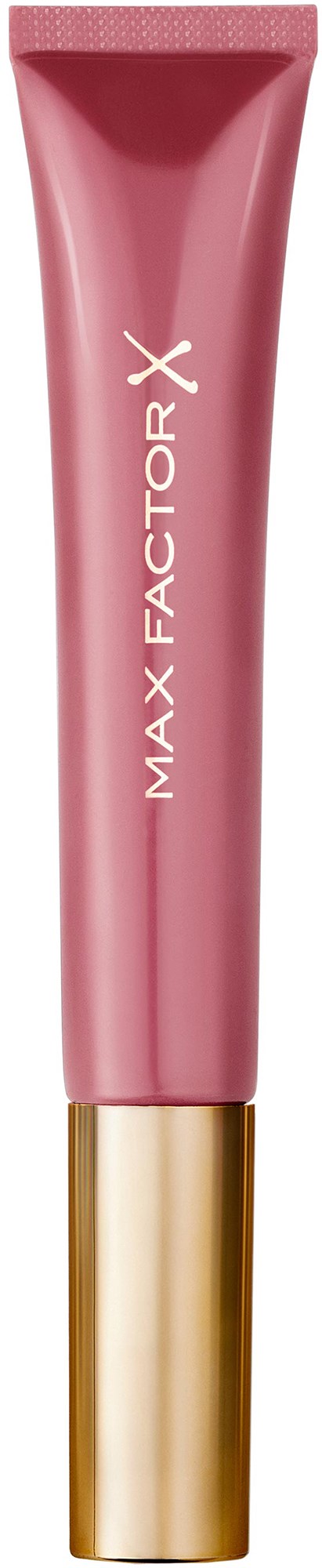 Różowa tubka z złotą nakrętką, oznaczona 'MAX FACTOR X'. Wygląda na produkt kosmetyczny lub do pielęgnacji skóry.