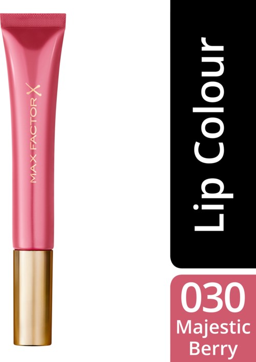 Różowa tubka błyszczyka do ust z złotą nakrętką. Opisana jako 'MAX FACTOR X' i 'Lip Colour 030 Majestic Berry'.