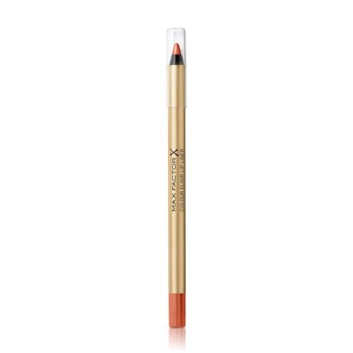 Et gyldengul eyelinerpen med gennemsigtig hætte, mærket "MAX FACTOR X" og "COLOUR PERFECTION PRECISION".