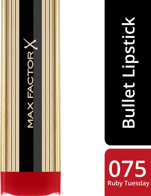 Dette er en svart, gull og rød leppestiftkrok merket MAX FACTOR X Bullet Lipstick, nyanse 075 Ruby Tuseday.