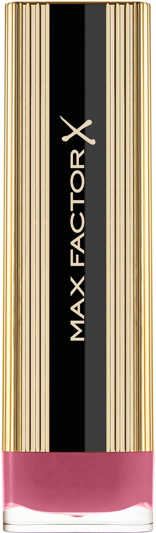 En lang rektangulær flaske med gull- og svarte striper, rosa væske inni, og etiketten 'MAX FACTOR X'.
