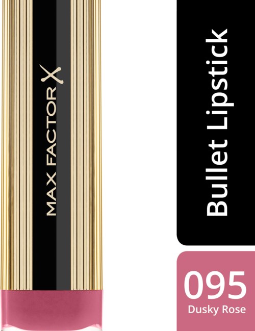 Bildens viser et Max Factor leppestift i Dusky Rose, nummer 095, med en blank gull- og svart tube.