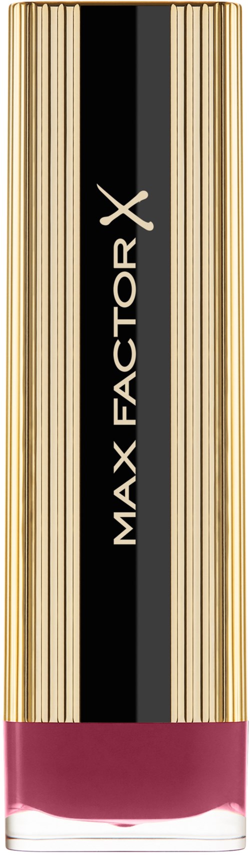 Pitkä huulipunan putki, jossa on kultaisia raitoja, musta keskiraide ja vaaleanpunainen alaosa, merkinnällä MAX FACTOR X.