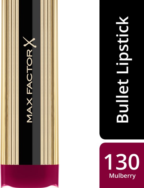 En läppstiftsrör märkt 'Max Factor X Bullet Lipstick' i svart, guld och rosa färger. Innehåller nyansen '130 Mulberry.'