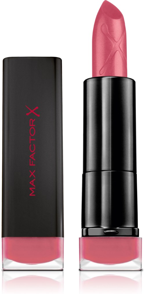 Rødrosa leppestift i svart tube med tilhørende eske, merket Max Factor X.