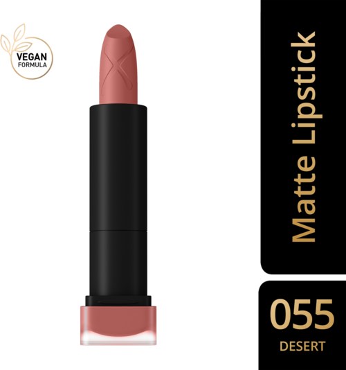 Ett matt läppstift i nyansen Desert 055 med vegansk formula, svart hölje och beige lock.