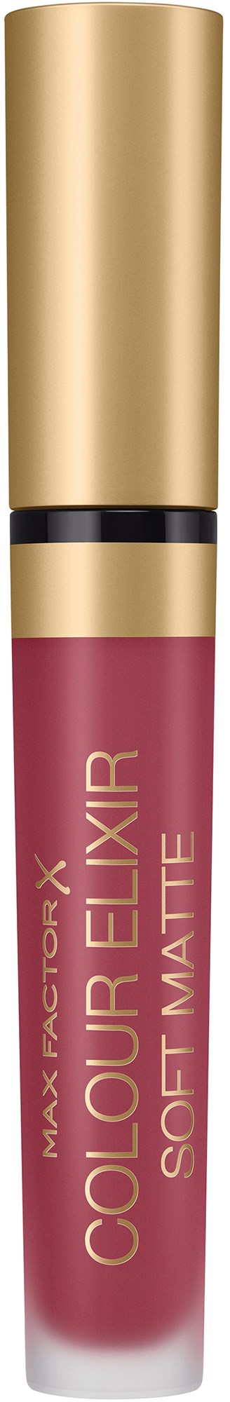 En leppeglossestift med gullkappe og rosa væske inni, merket "Colour Elixir" og "Soft Matte."