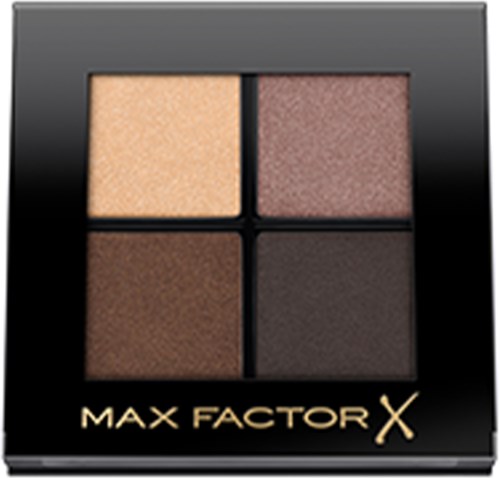 En sminkpalett med fyra nyanser: beige, rosa, brunt och mörkbrunt. Max Factor-logotyp längst ned.