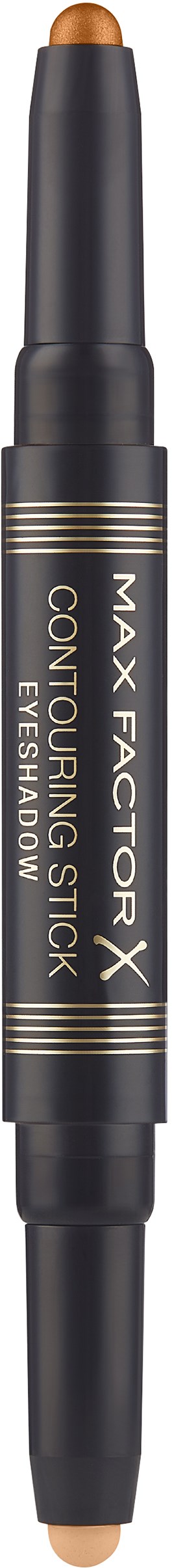 En svart penna med guld- och vitt skrivande märkt Max Factor, innehåller ett ögonbryn stylingstift.