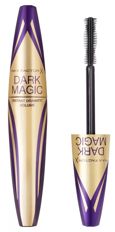 En mascara-rör i lila och guld, märkt 'Dark Magic' och 'Volume', med borsten separat.