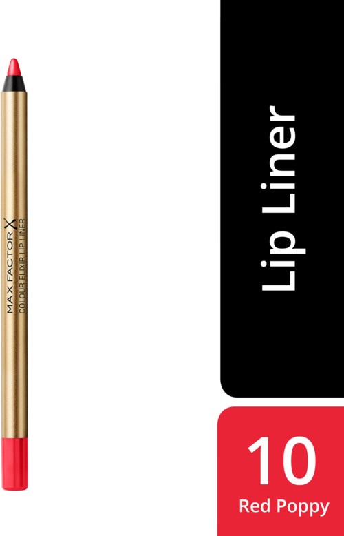 En guld- och svart läpplinerpenna med röd topp, märkt 'Lip Liner' och '10 Red Poppy'