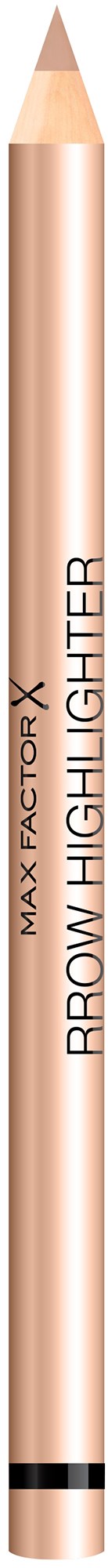 En sminkprodukt formad som en penna med texten "MAX FACTOR BROW HIGHLIGHTER" på en svart bakgrund.