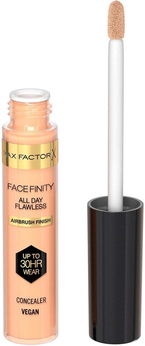 Leppglans med applikator, merket Max Factor Face Finity, vegan, varer opptil 30 timer, og er ferskenfarget.