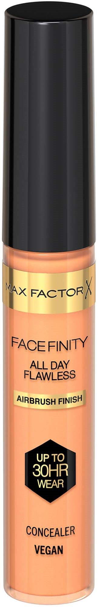 En tube med Facefinity concealeren med svart hette, lys ferskenfarget kropp og gullfarget etiket, som sier opp til 30 timers bruk.