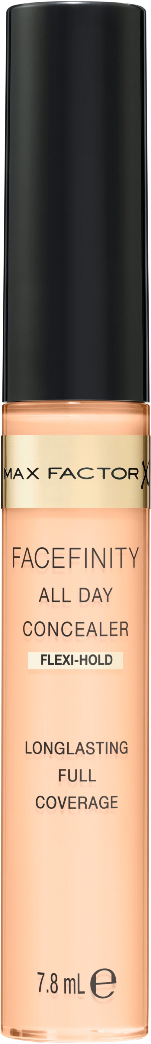 En flaske Max Factor Facefinity All Day Concealer med svart hette og beige væske inni.