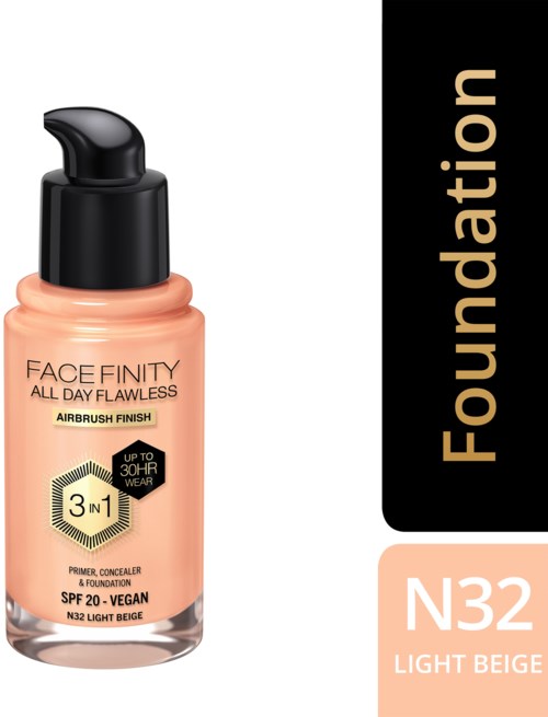 A bottle of face foundation with a pump, labeled 'Face Finity All Day Flawless' in light beige color.