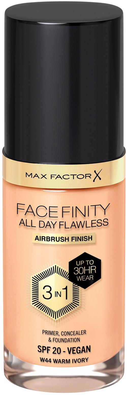 A makeup bottle with a black cap, beige label, and brand name Max Factor X. It is face primer, concealer, and foundation.