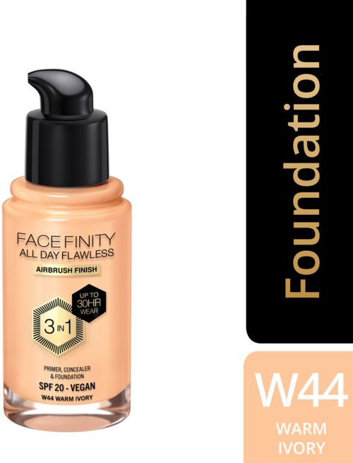 A bottle of Face Finity foundation with a black pump, peach-colored liquid, and label details about water and vegan formula.
