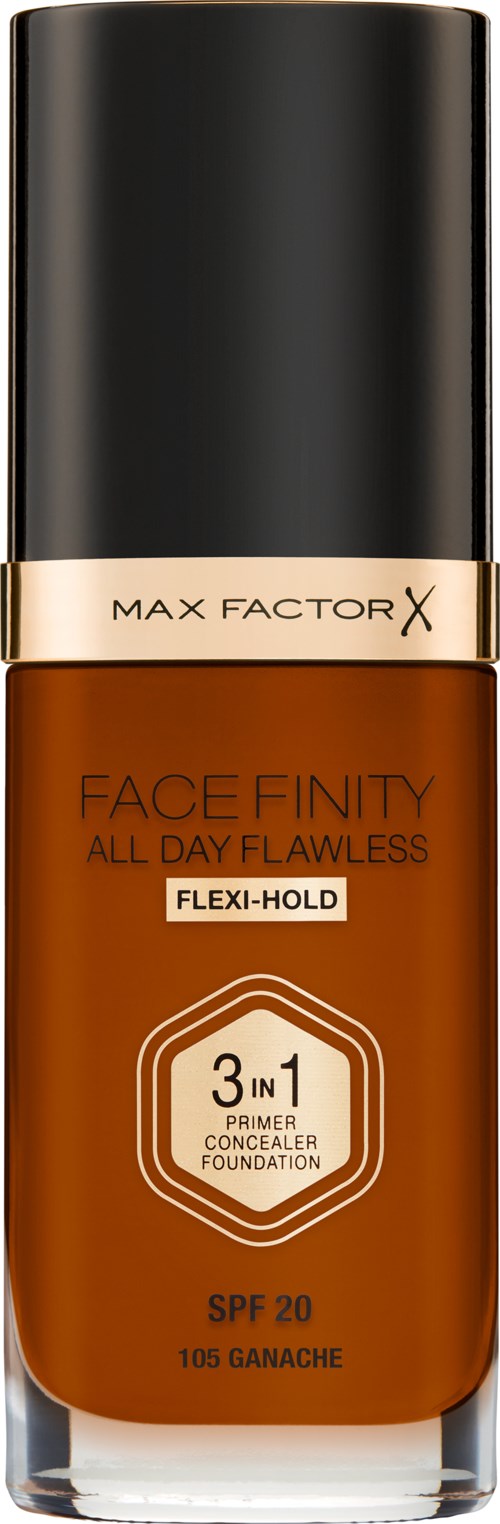 A brown bottle with a black cap, labeled Max Factor Face Finity, 3-in-1 primer, SPF 20, for all-day wear.