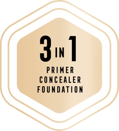 A logo for a 3-in-1 primer, concealer, and foundation with beige and black text and a honeycomb shape.