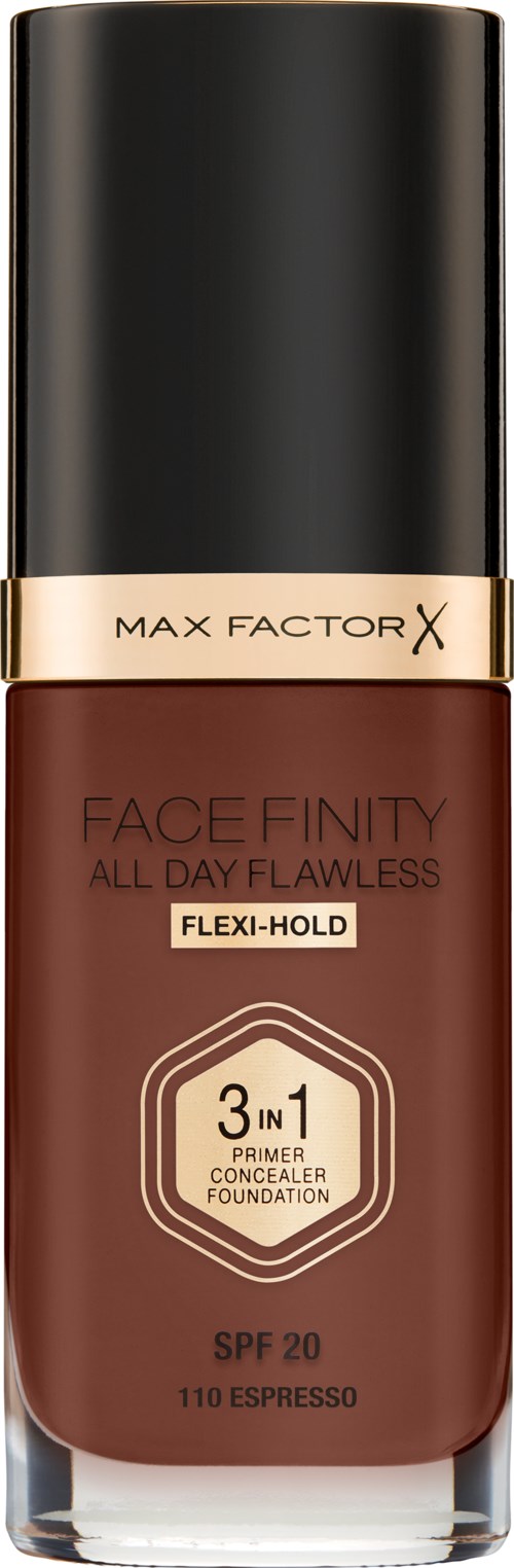 A bottle of Max Factor face primer with SPF 20, labeled as flexible hold and 3-in-1, in espresso color.