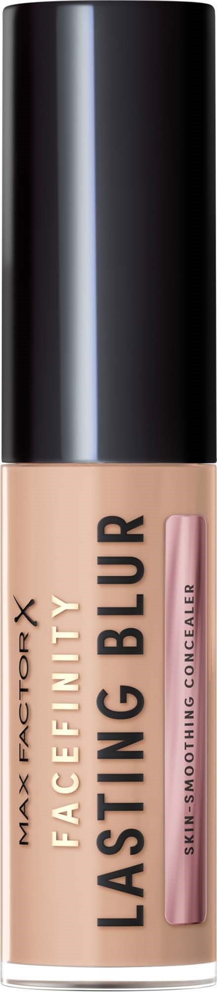 Max Factor X Facefinity Lasting Blur nestesarja, nestemäinen peiteaine, musta kansi ja beige pullo.