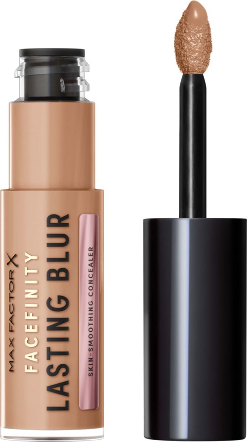 Huultenläppäripunas sovellin ja beige huulikiilto, pakkauksessa lukee Facefinity Lasting Blur.