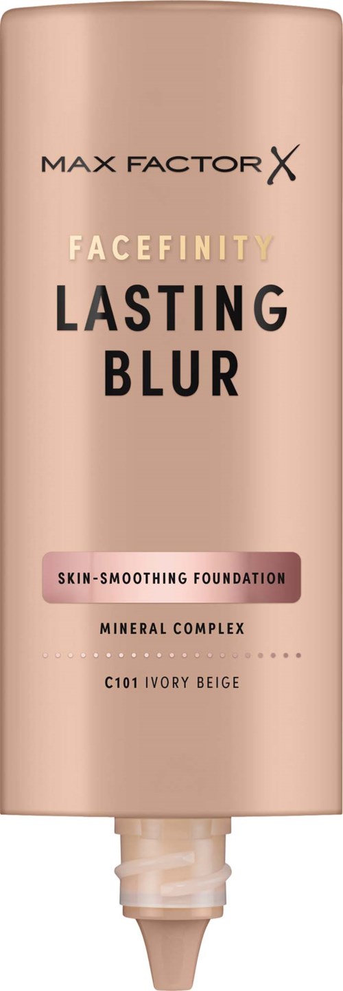Tube of Facefinity Lasting Blur foundation in ivory beige with a beige cap.