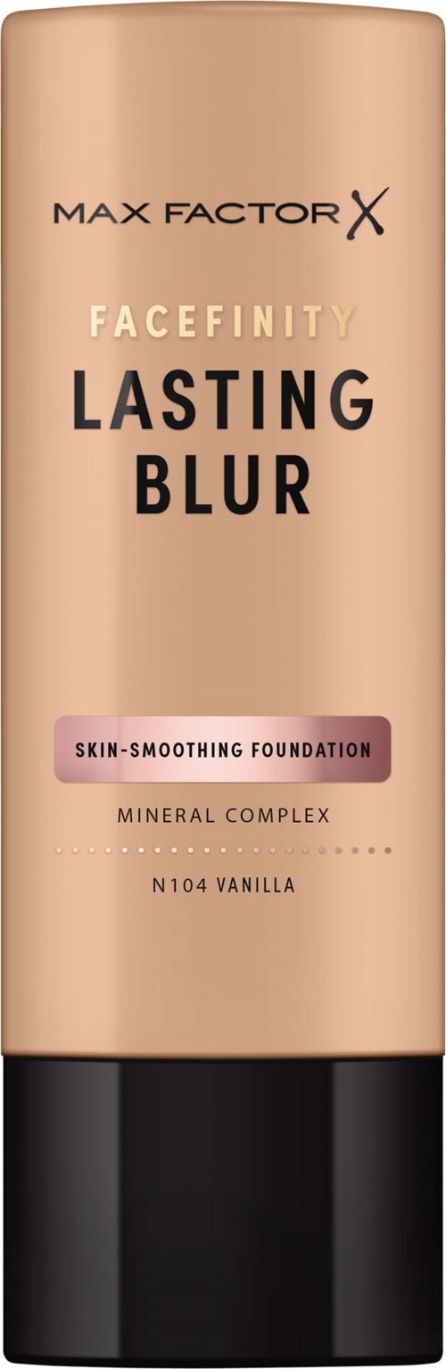 Max Factor Facefinity Lasting Blur foundation bottle in beige with black cap, emphasizing skin-smoothing and mineral complex features.