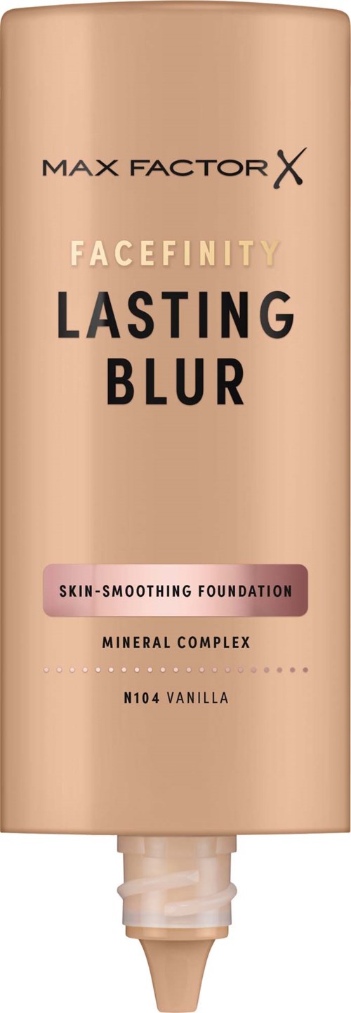 A beige tube of Max Factor Facefinity Lasting Blur foundation with a twist cap and a label detailing product features.