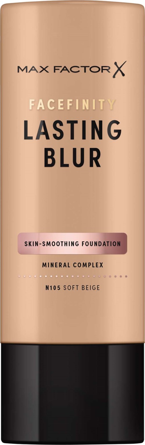 A beige facial foundation bottle with a black cap, labeled Max Factor Facefinity Lasting Blur, skin-smoothing formula.