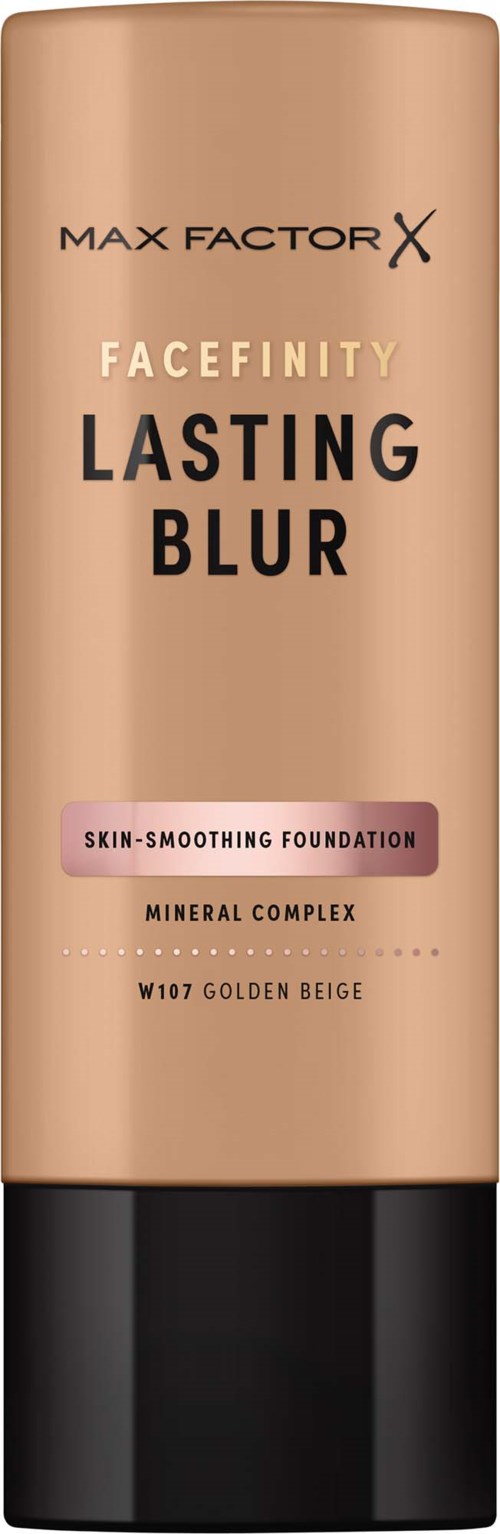 A beige foundation bottle with black cap showing Max Factor Facefinity Lasting Blur and skin-smoothing details.